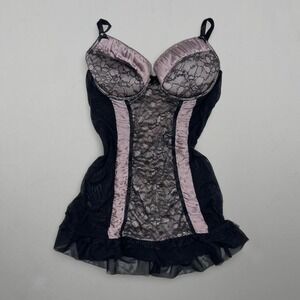 Y2K Gothic Coquette Babydoll Lingerie Dress Euro Bows Black Lace Women's 36D